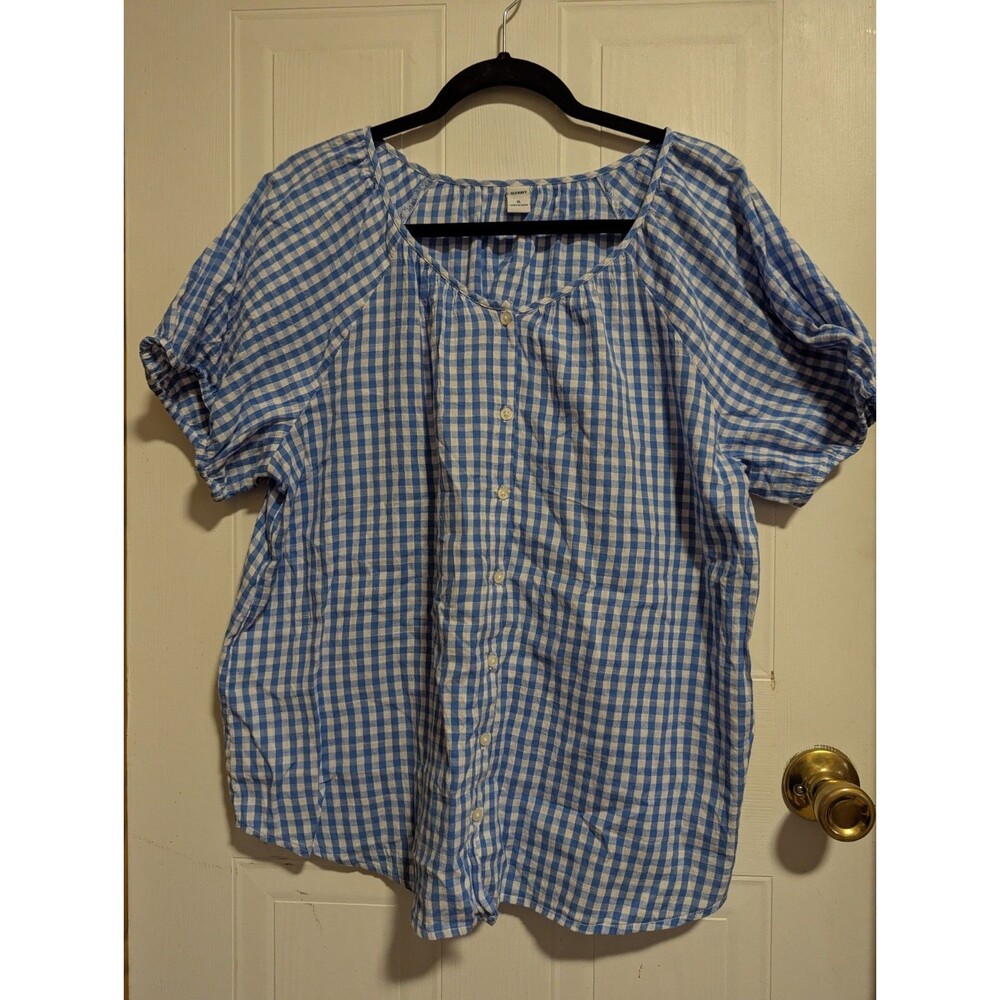 Old Navy Women's XL Blue/White Gingham Cotton Button Blouse Top Checker Plaid